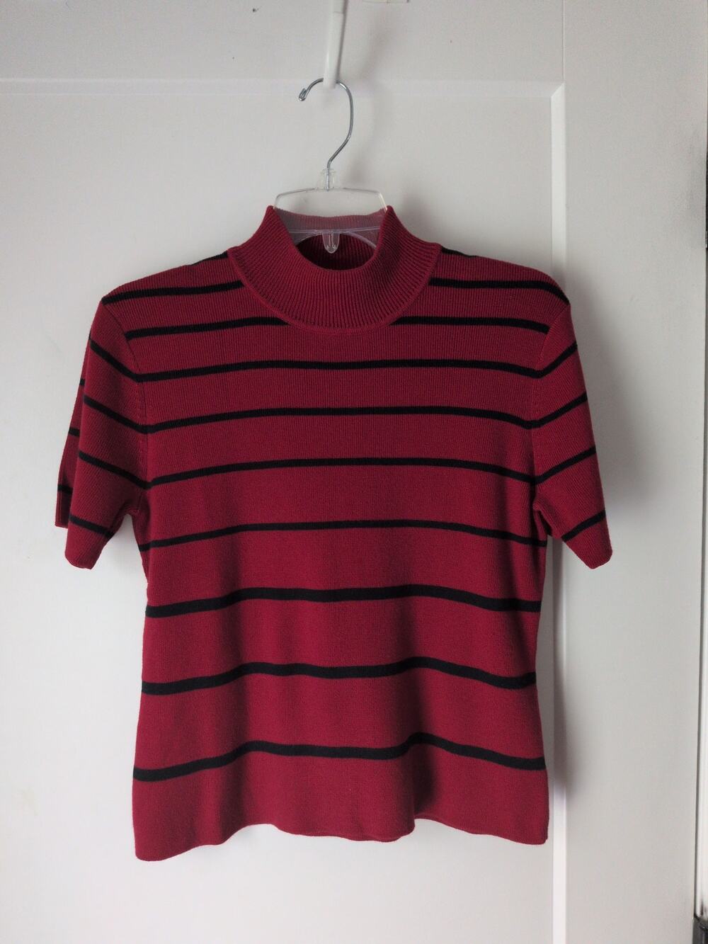 Vintage Jones Wear Short Sleeve Mock Neck Sweater M Red Black Stripe Hong Kong